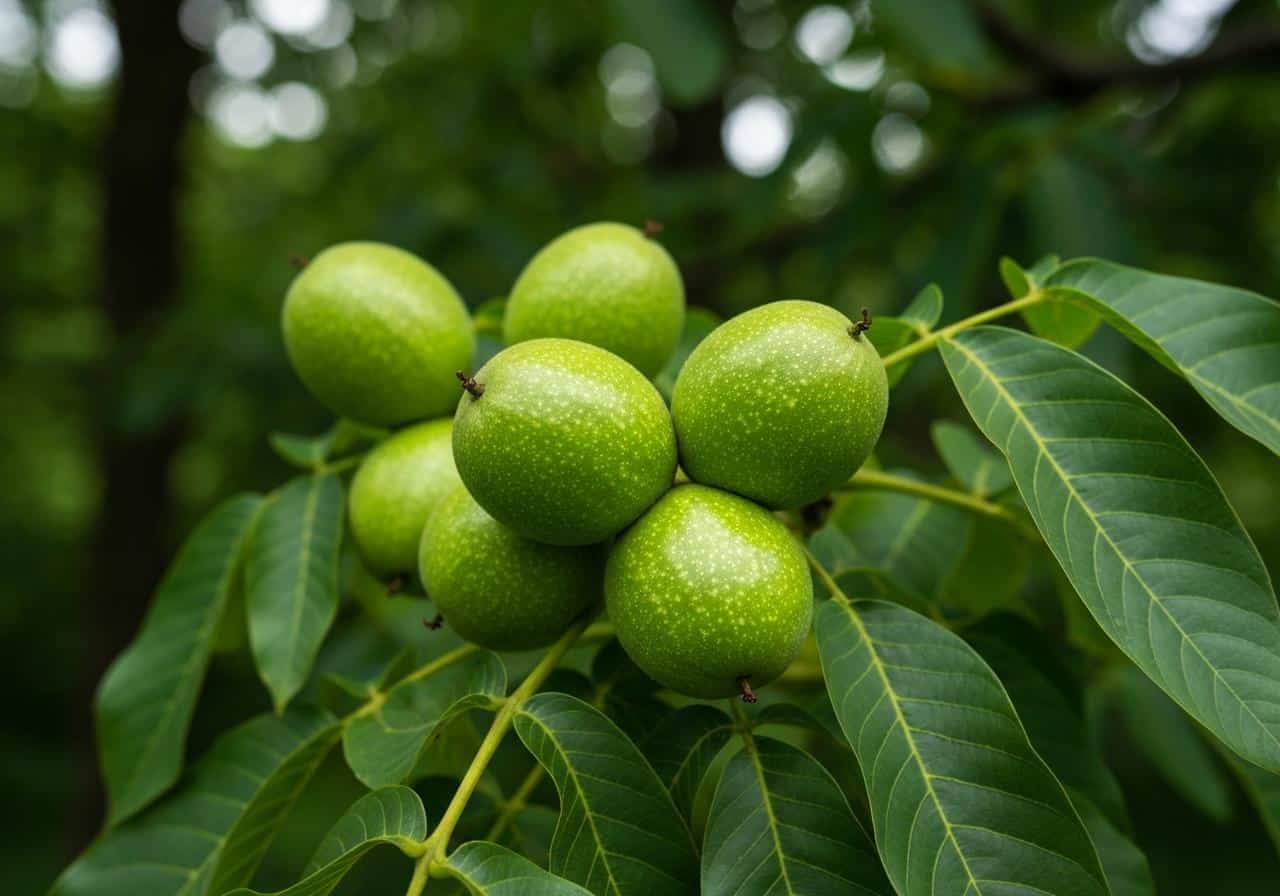 Noix vertes fraîches sur branche de noyer en juin