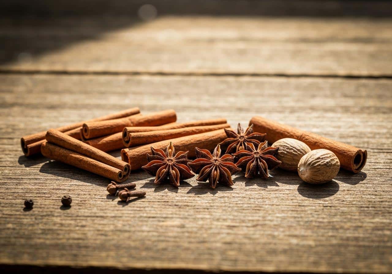 Épices entières pour vin chaud sur bois