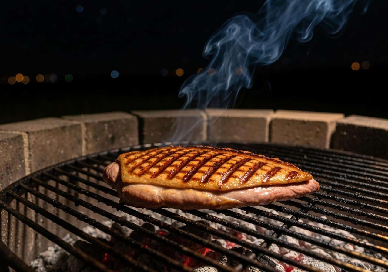 Magret de canard grillé sur braises ardentes