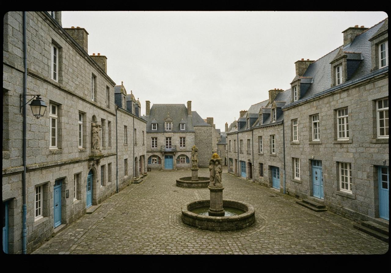 Place centrale de Locronan, demeures en granit breton