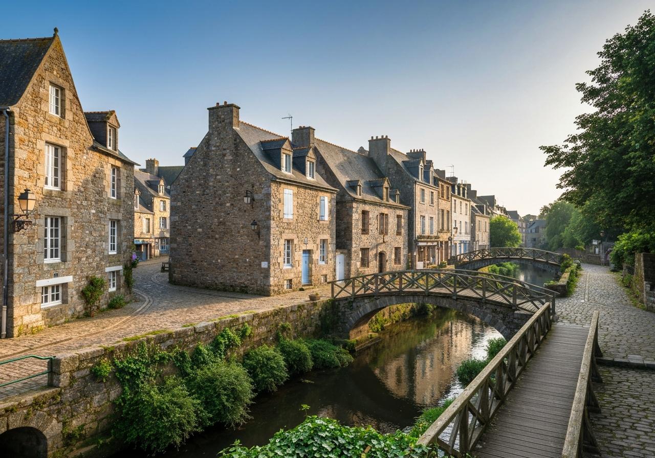 Ruelles pavées de Pont-Aven avec maisons en granit et rivière