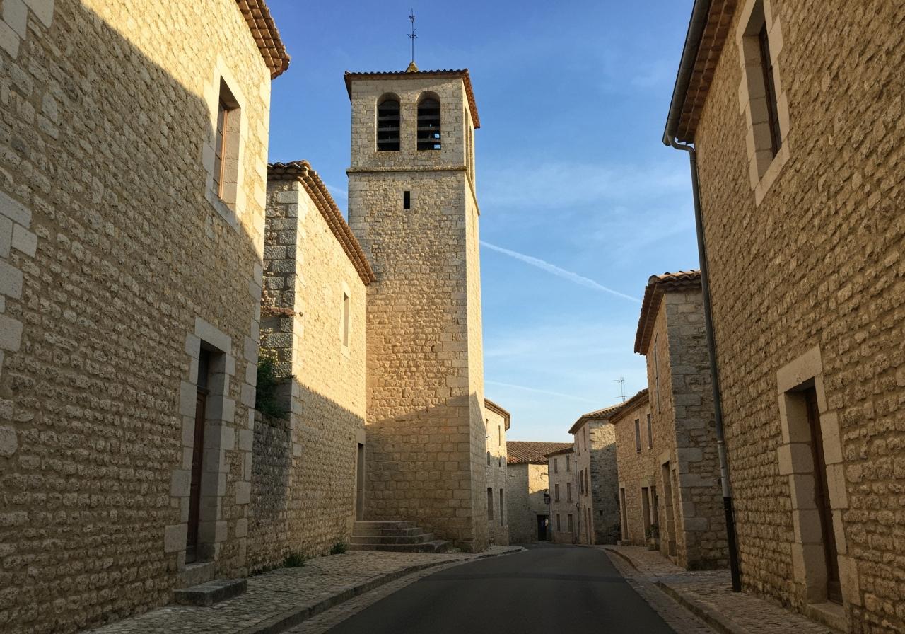 Tour médiévale d'Oingt vue depuis les ruelles en pierres dorées