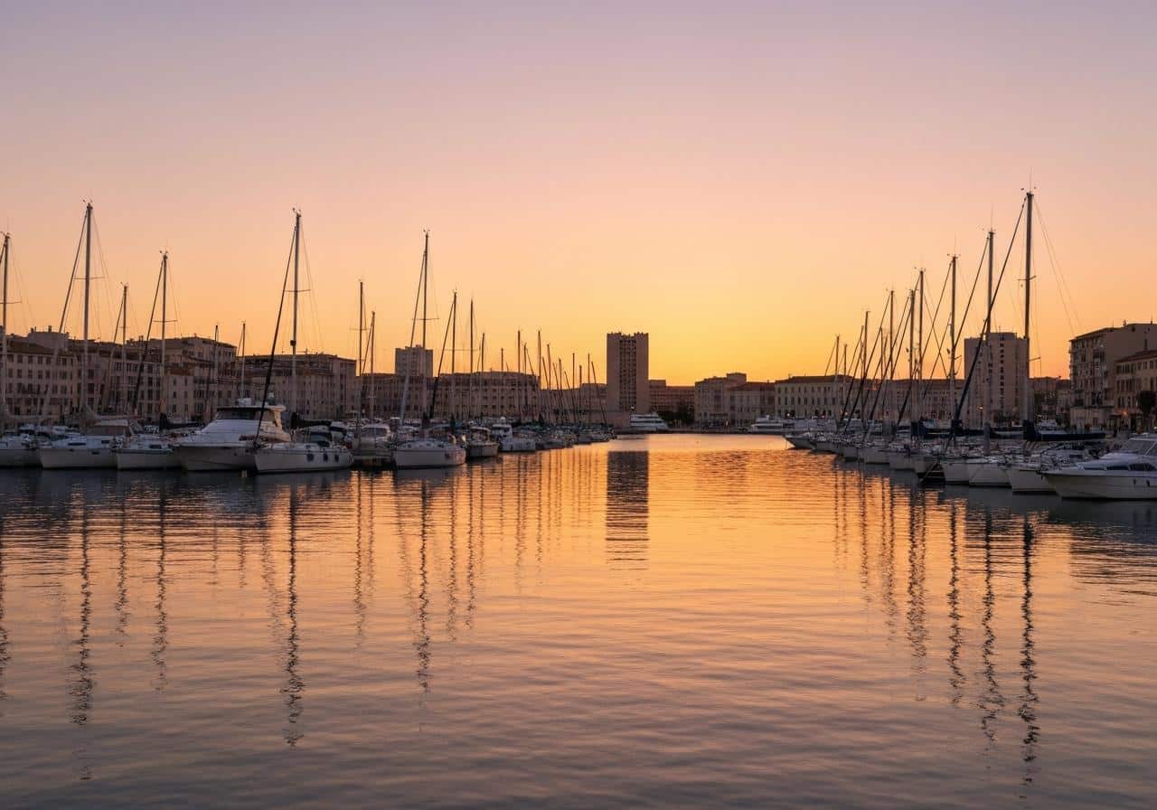 Vieux-Port de Marseille au lever du soleil, reflets sur l'eau