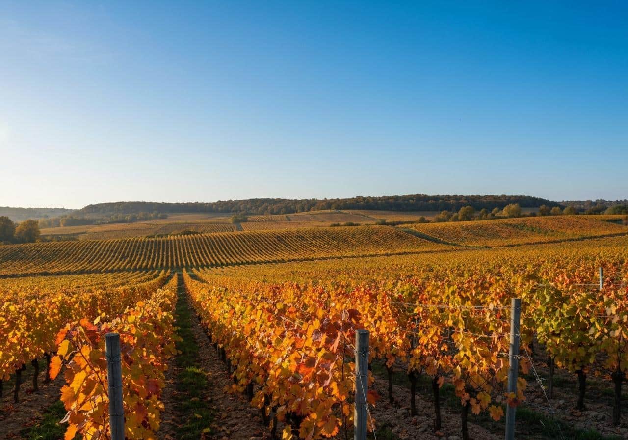 Vignes de Bourgogne en automne, feuilles dorées et ciel dégagé