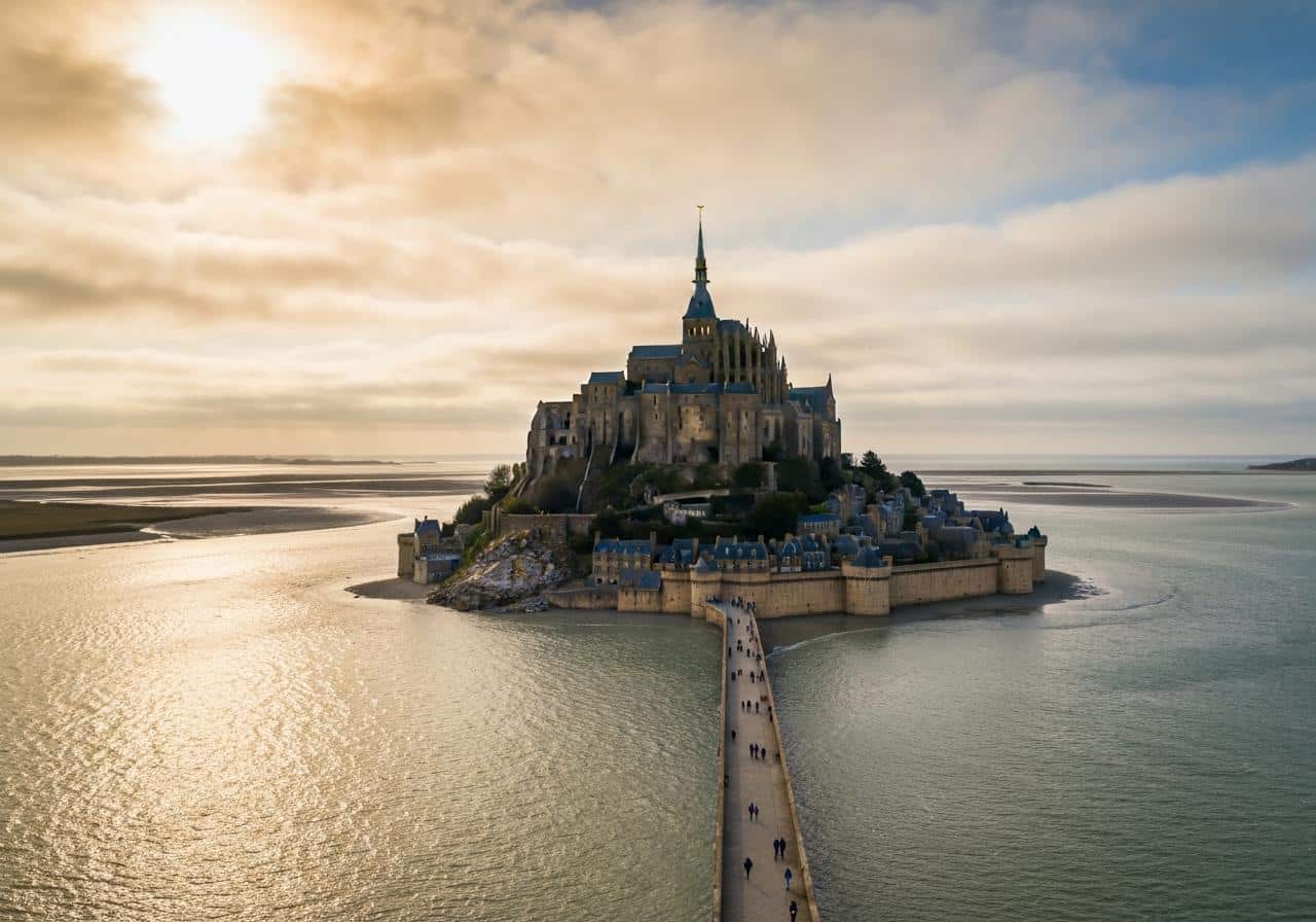 Vue aérienne du Mont-Saint-Michel entouré de la baie