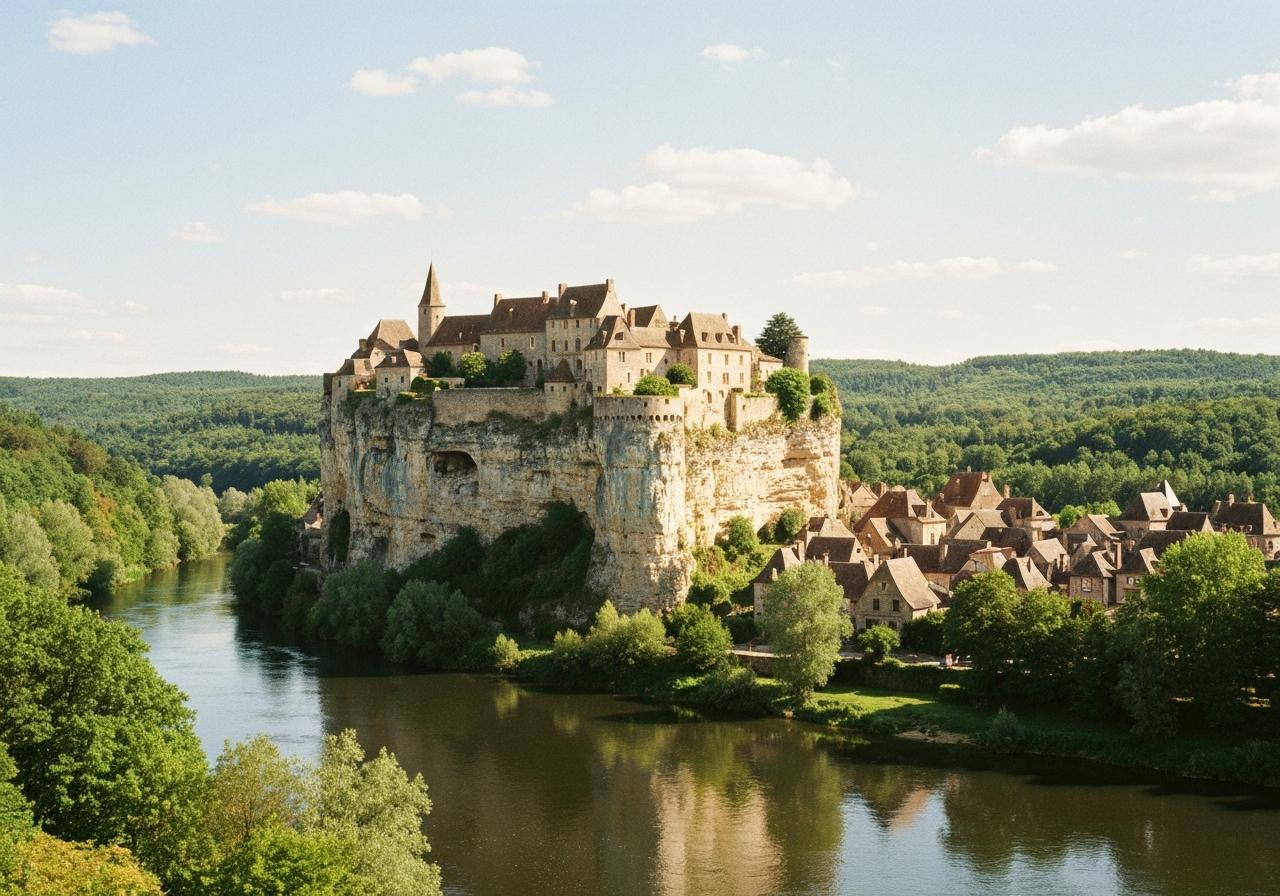 Vue panoramique sur Saint-Cirq-Lapopie et le Lot depuis le belvédère