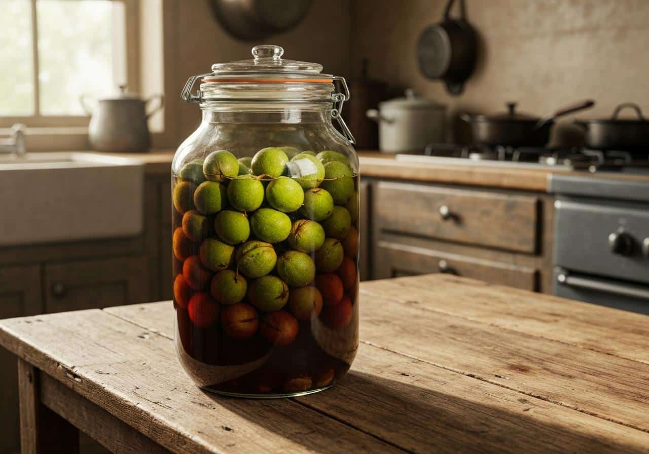 Bocal en verre rempli de noix vertes en macération