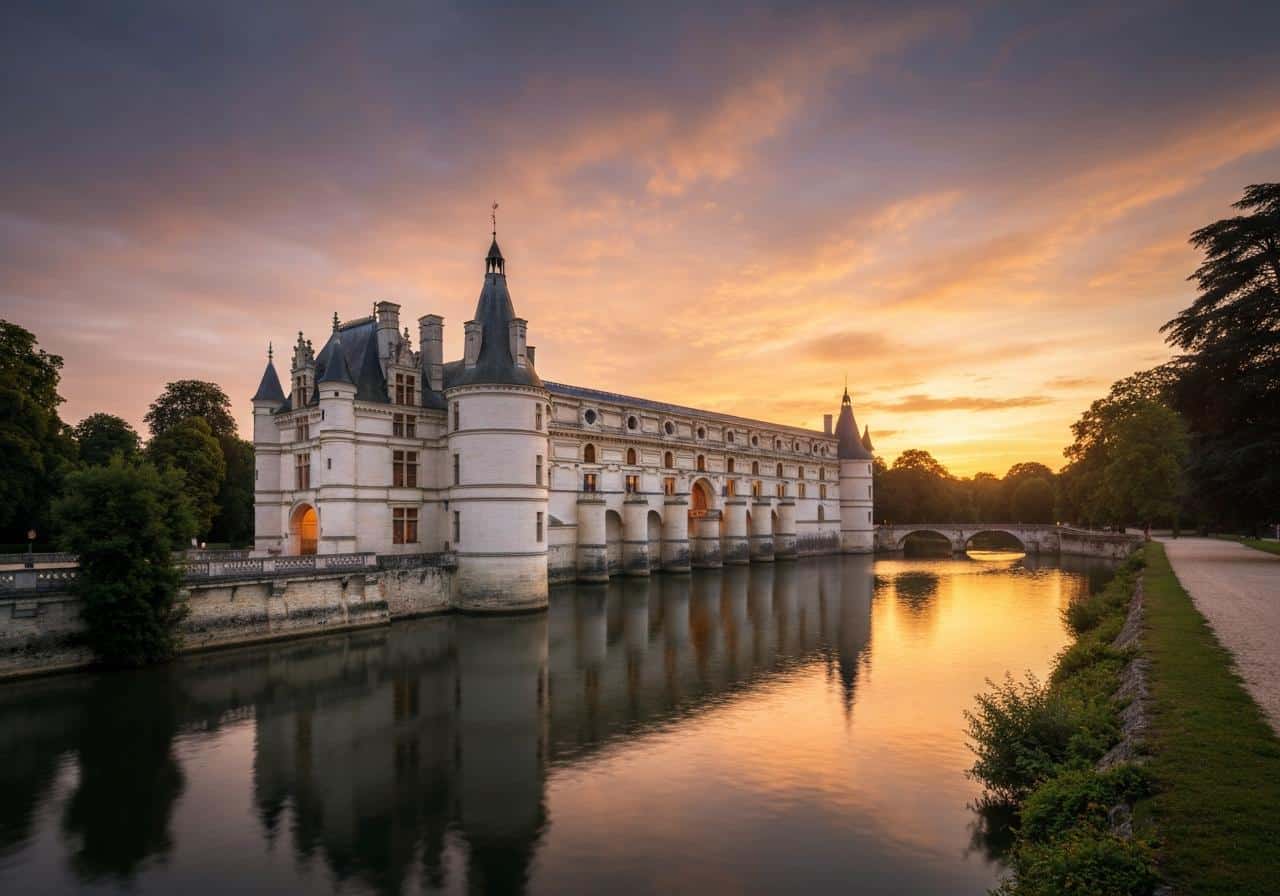 Château de Chenonceau enjambant le Cher, reflets dans l'eau