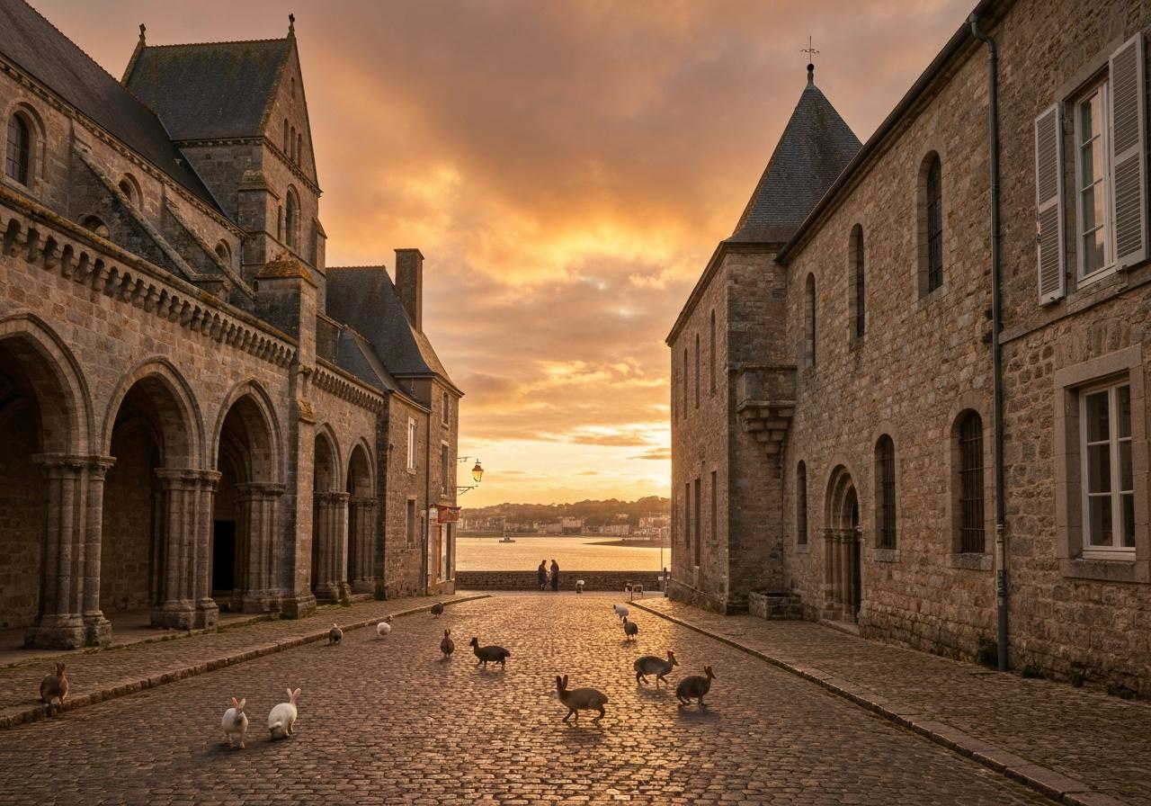 Mont-Saint-Michel au lever du soleil, rues vides