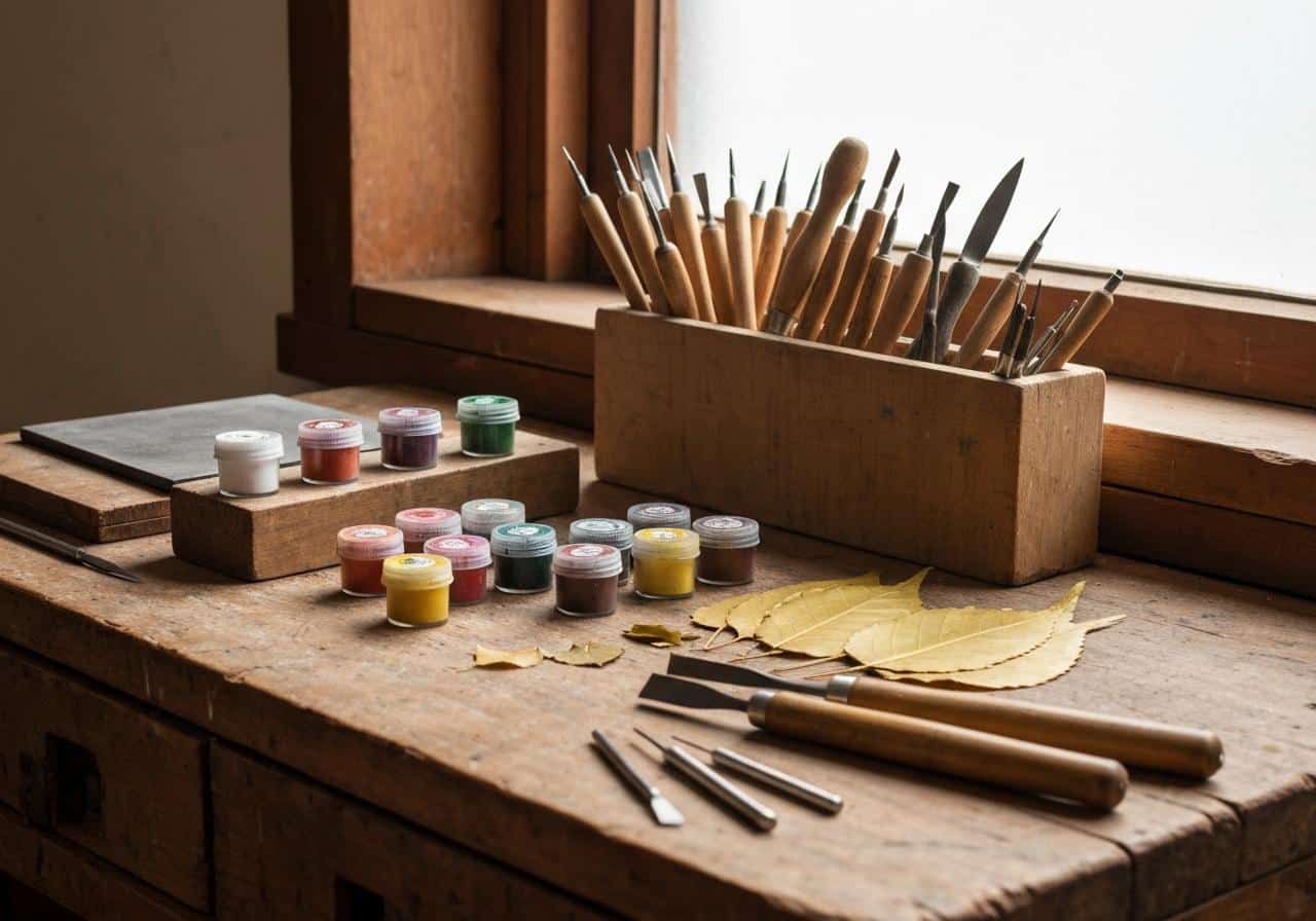 Outils anciens de métiers d'art artisanaux sur établi en bois