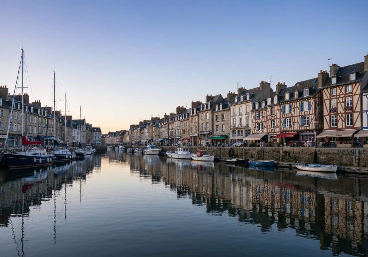 Vieux bassin d'Honfleur avec maisons en ardoise au coucher du soleil