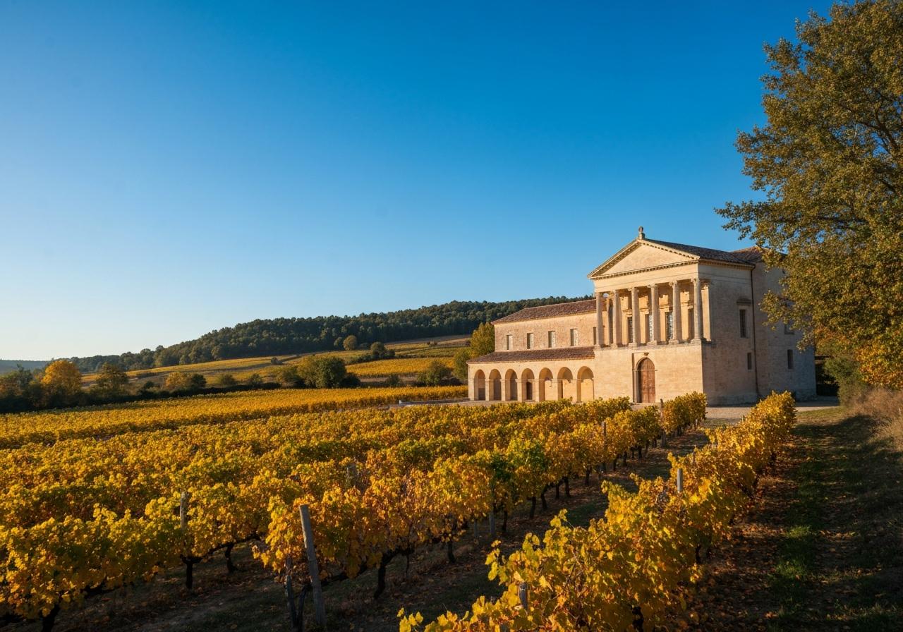 Château viticole du Beaujolais entouré de vignes en automne