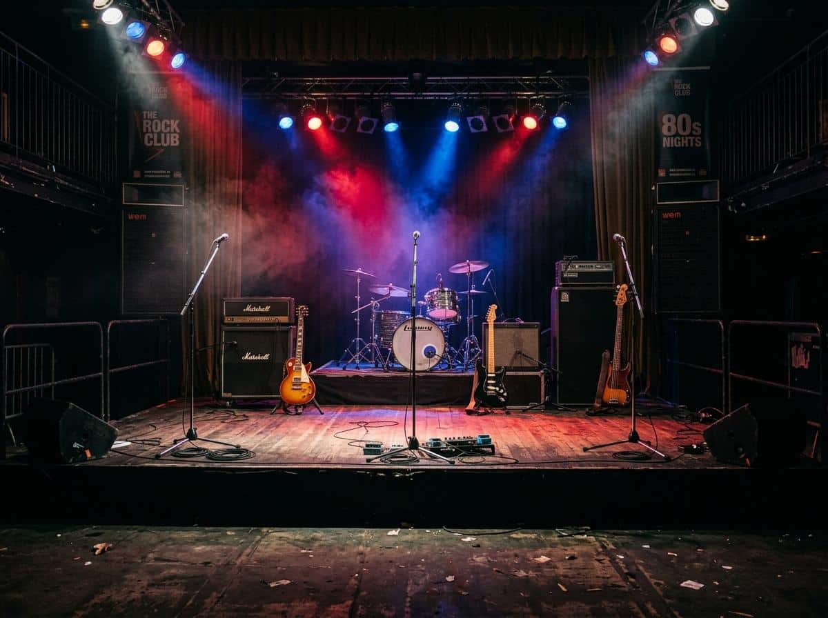 Scène de concert rock années 80 lumières colorées