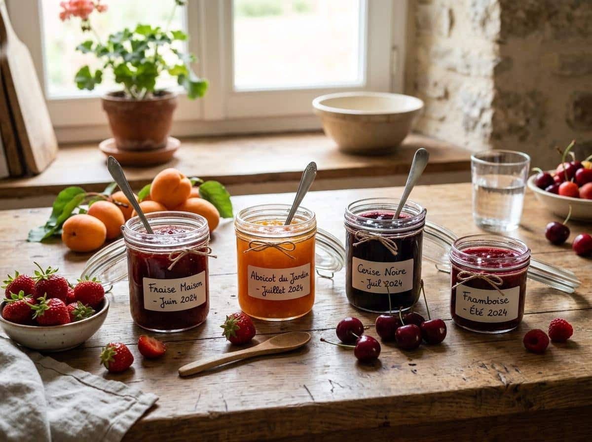 Bocaux de confiture maison avec fruits frais disposés autour