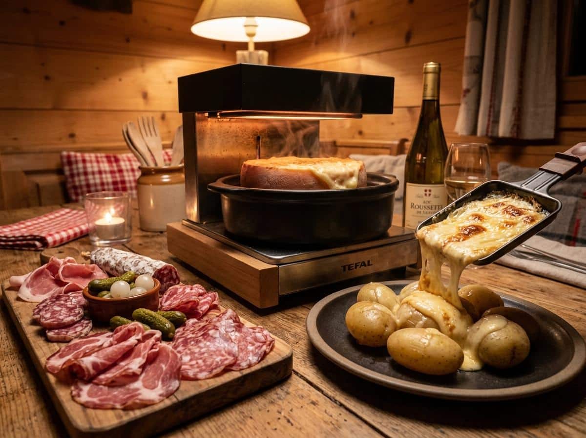 Raclette fondue servie avec pommes de terre et charcuterie