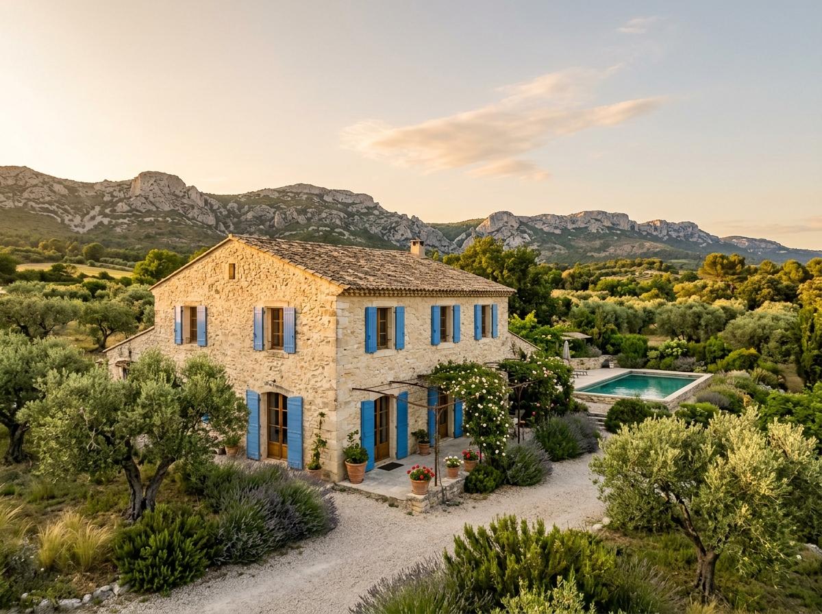 Maison en pierre provençale entourée d'oliviers