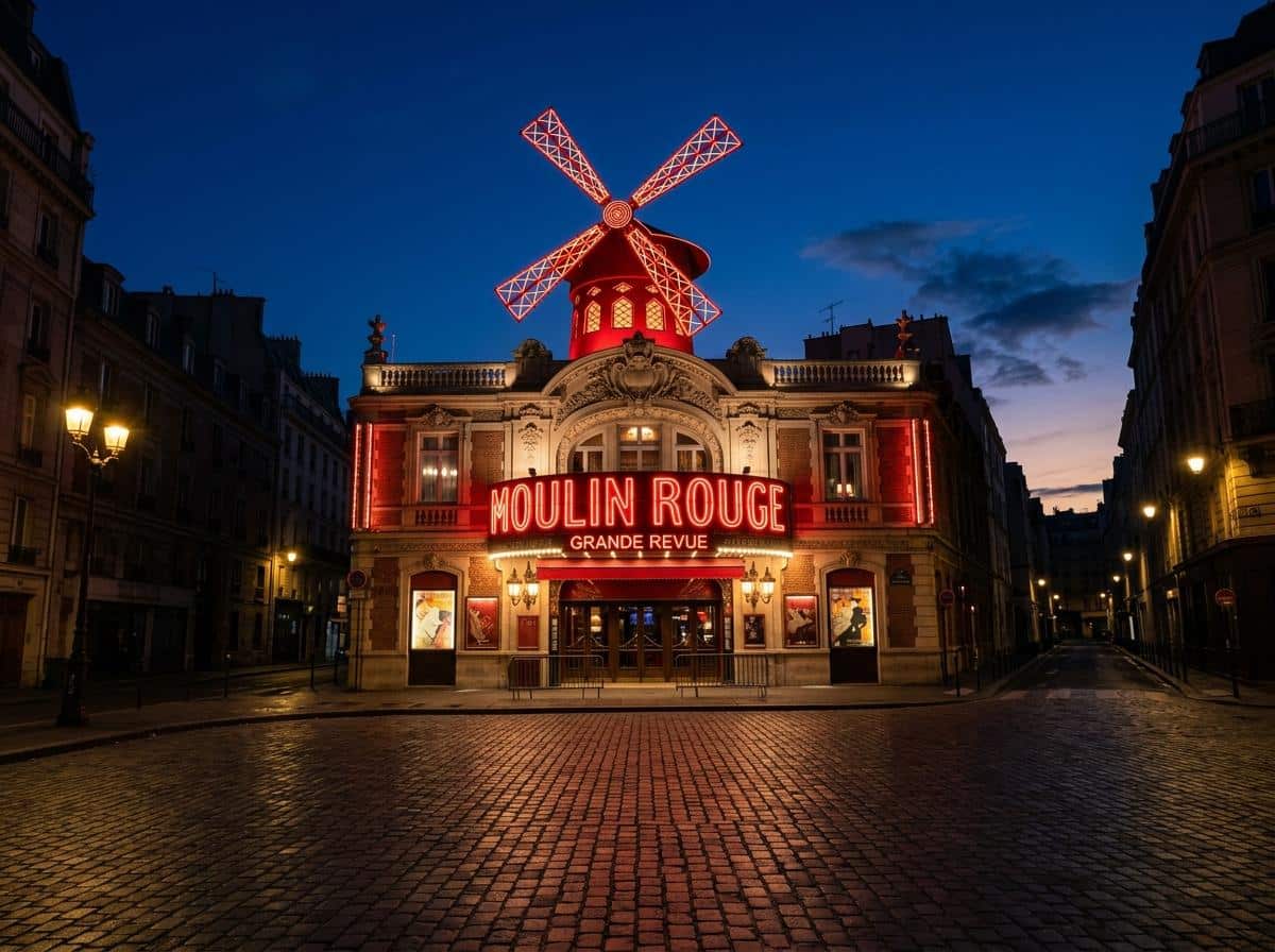 Façade du Moulin Rouge et son moulin rouge illuminé