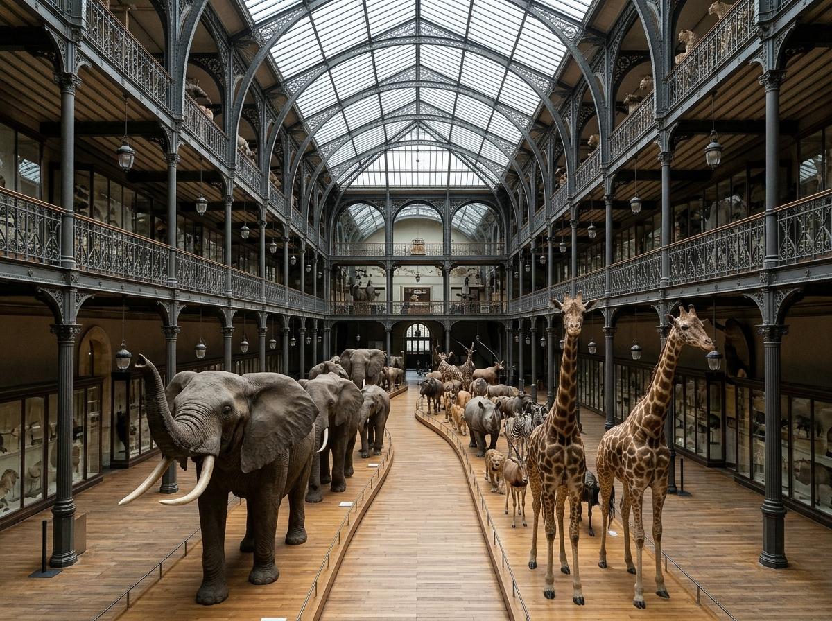 Grande galerie d'évolution avec animaux naturalisés en procession