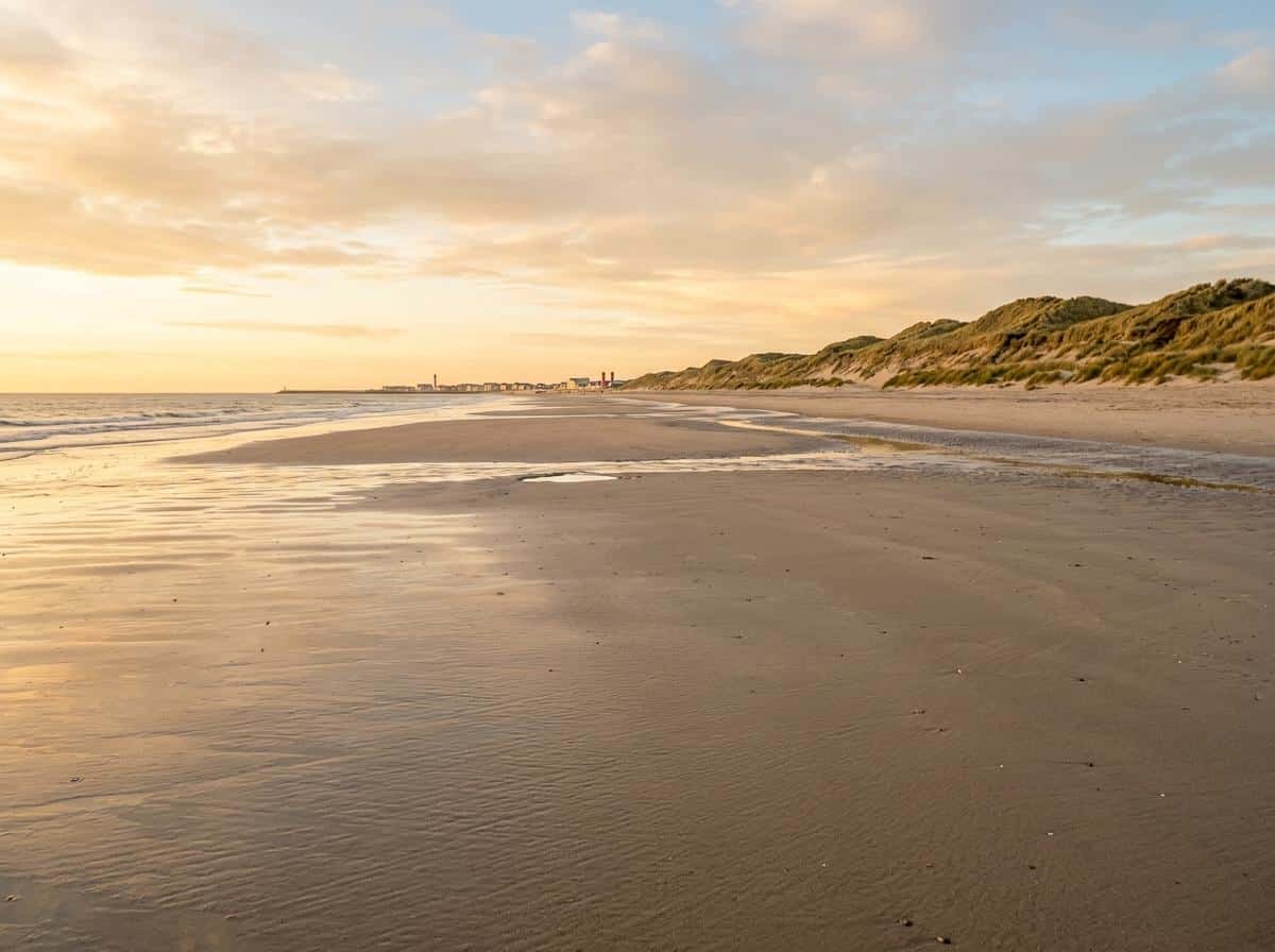 Plage de sable de Berck-sur-Mer au coucher du soleil