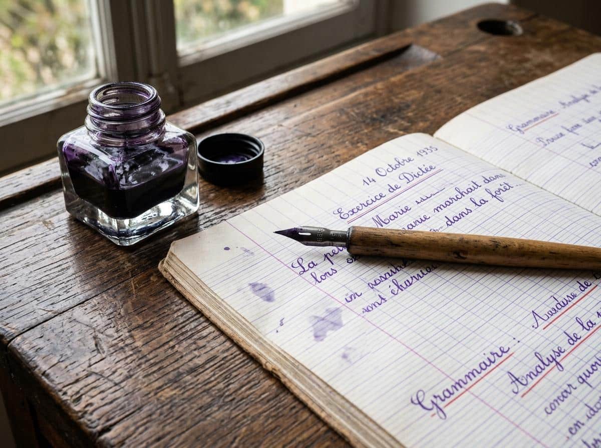 Porte-plume, encrier en verre et cahier d'écolier